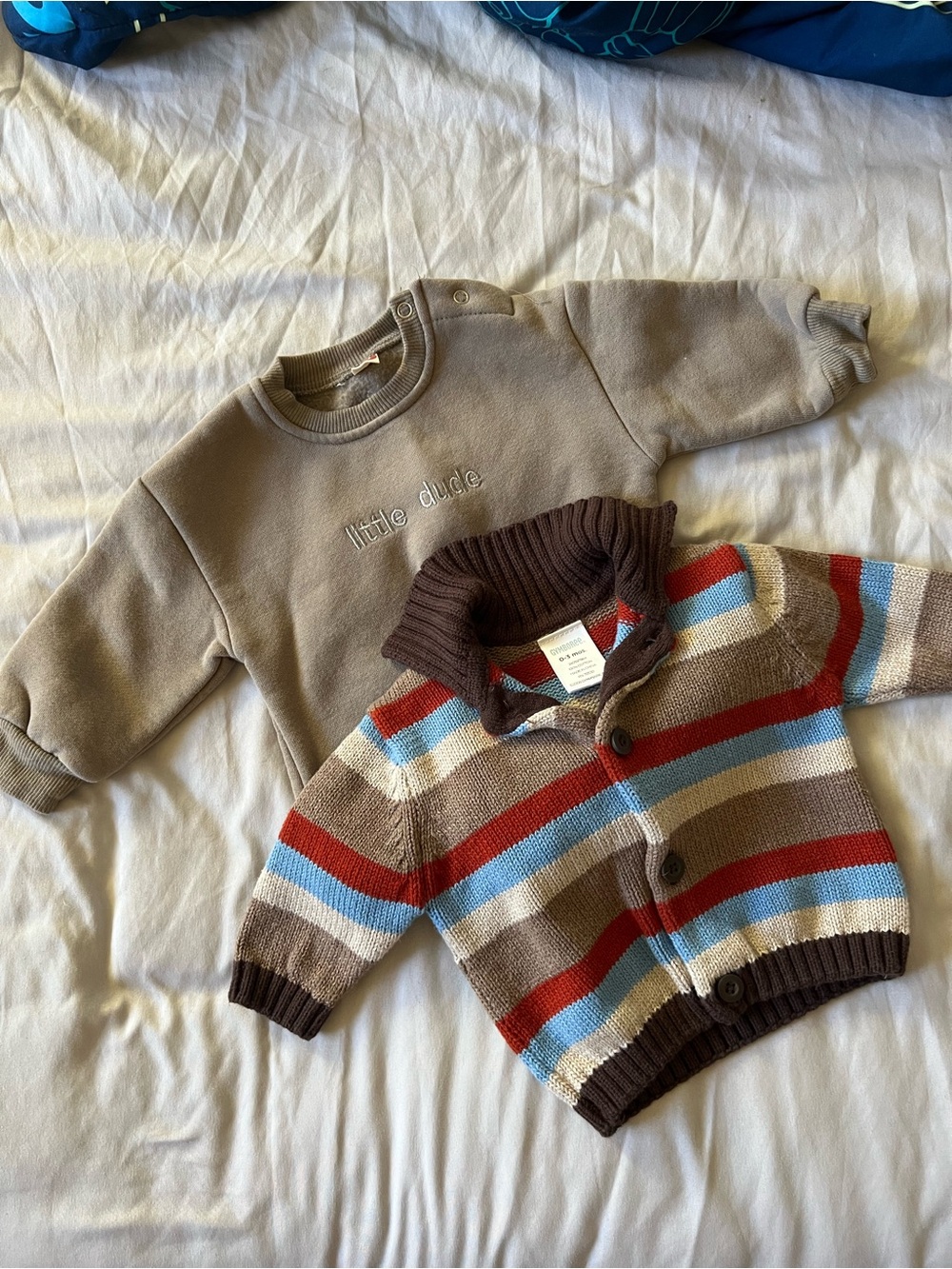 Striped Knit Baby Cardigan & Neutral Sweatshirt Set - Brown, Red, Blue